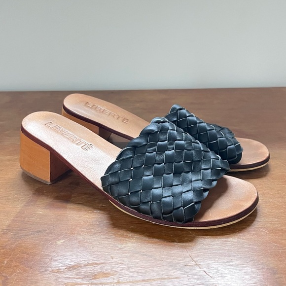 Liberte Shoes - Coastal Summer Black Woven Slide Wooden Block Heel Leather Mules Liberté